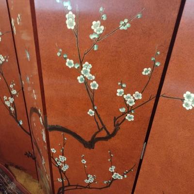 Red Lacquer Base Hand Painted Asian Influence Four Panel Room Divider