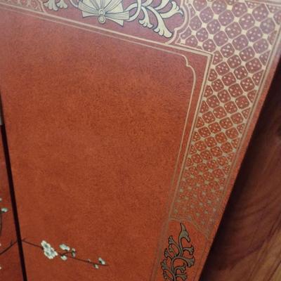 Red Lacquer Base Hand Painted Asian Influence Four Panel Room Divider