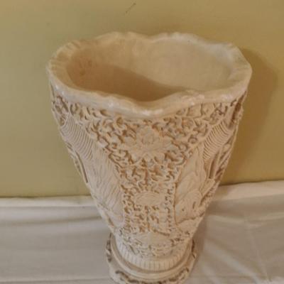 Vintage Ivory Color Japanese Resin Carved Relief Vase