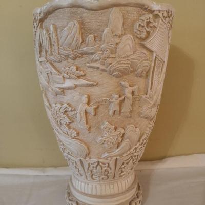 Vintage Ivory Color Japanese Resin Carved Relief Vase