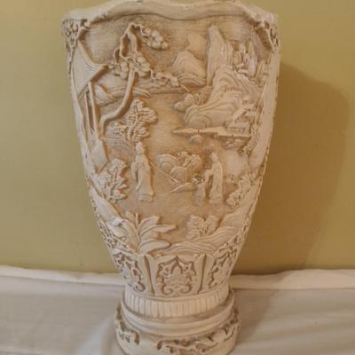 Vintage Ivory Color Japanese Resin Carved Relief Vase