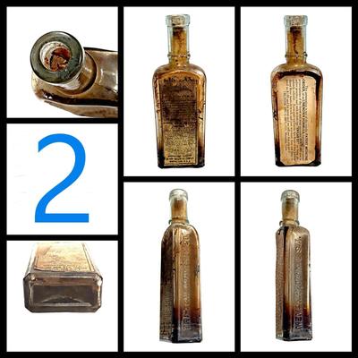 2 Antique Amber Glass Cork Top Kinlax Bottles