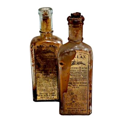 2 Antique Amber Glass Cork Top Kinlax Bottles