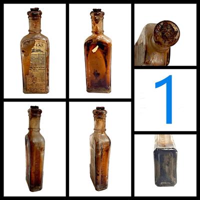 2 Antique Amber Glass Cork Top Kinlax Bottles