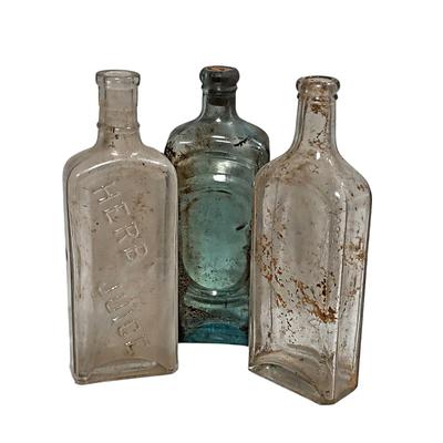 3 Large Antique Glass Cork Top Bottles