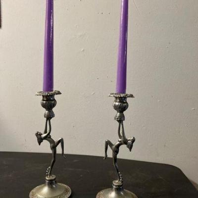 Art Deco Metal Nude lay candlestick pair