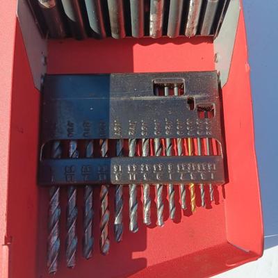 Craftsman drill bit set in metal box with level and magnet.