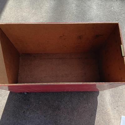Locking metal box lined with Masonite wood.