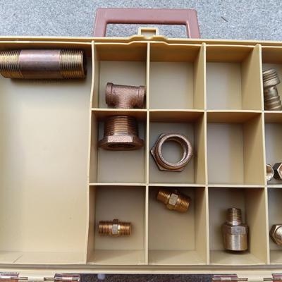 Plano plastic storage cases with an assortment of brass fittings - hose repair and springs
