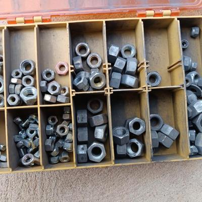 Plano plastic storage cases with an assortment of nuts and bolts