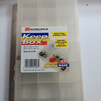 Plastic Plano fishing tackle organizing boxes and others.