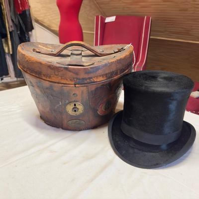 U1209 Antique French Pig Skin Leather Hat Box with Felt Top Hat