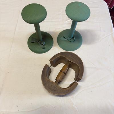 U1224 Vintage C. W. Mills Wooden Hat Stretcher and Two Hat Stands
