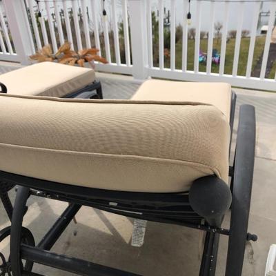 Two Chaise Outdoor Lounge Chairs w/ Frontgate Cushions and Table