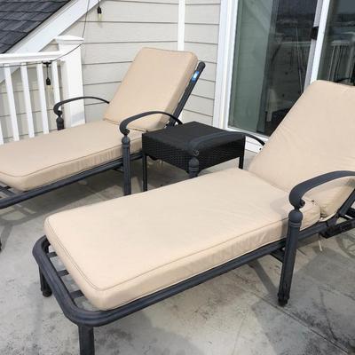 Two Chaise Outdoor Lounge Chairs w/ Frontgate Cushions and Table