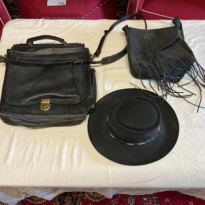 U1238 Vintage Stetson Gun Club Black Hat with Leather Trim and Two Leather Bags
