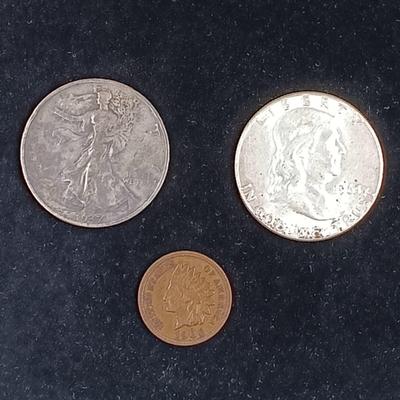 Lot of 3 Antique Coins ~ Silver Half Dollars & Copper Penny
