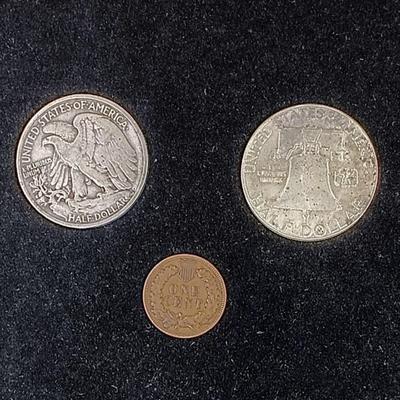 Lot of 3 Antique Coins ~ Silver Half Dollars & Copper Penny