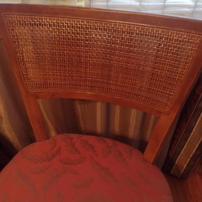 Vintage MCM Solid Wood Metal Tab Leg Drop Leaf Dining Table with Six Cane Backed Chairs- Possibly Drexel