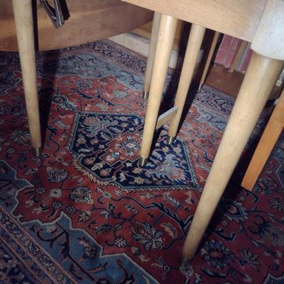 Vintage MCM Solid Wood Metal Tab Leg Drop Leaf Dining Table with Six Cane Backed Chairs- Possibly Drexel