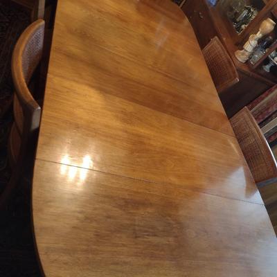 Vintage MCM Solid Wood Metal Tab Leg Drop Leaf Dining Table with Six Cane Backed Chairs- Possibly Drexel