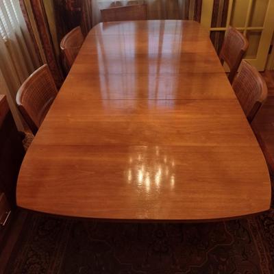 Vintage MCM Solid Wood Metal Tab Leg Drop Leaf Dining Table with Six Cane Backed Chairs- Possibly Drexel
