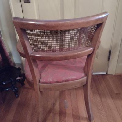 Vintage MCM Solid Wood Metal Tab Leg Drop Leaf Dining Table with Six Cane Backed Chairs- Possibly Drexel