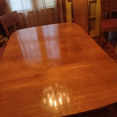 Vintage MCM Solid Wood Metal Tab Leg Drop Leaf Dining Table with Six Cane Backed Chairs- Possibly Drexel