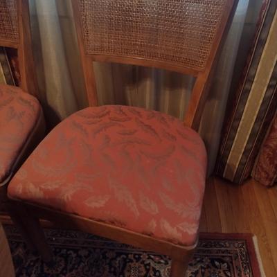 Vintage MCM Solid Wood Metal Tab Leg Drop Leaf Dining Table with Six Cane Backed Chairs- Possibly Drexel