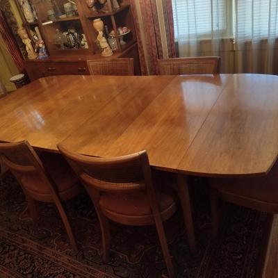 Vintage MCM Solid Wood Metal Tab Leg Drop Leaf Dining Table with Six Cane Backed Chairs- Possibly Drexel