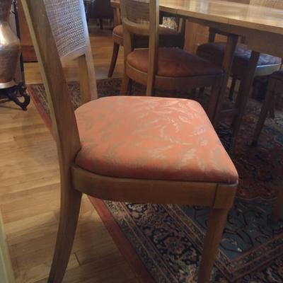 Vintage MCM Solid Wood Metal Tab Leg Drop Leaf Dining Table with Six Cane Backed Chairs- Possibly Drexel