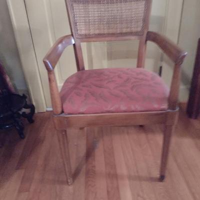 Vintage MCM Solid Wood Metal Tab Leg Drop Leaf Dining Table with Six Cane Backed Chairs- Possibly Drexel