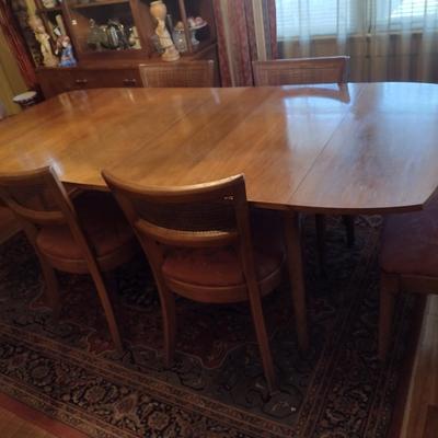 Vintage MCM Solid Wood Metal Tab Leg Drop Leaf Dining Table with Six Cane Backed Chairs- Possibly Drexel