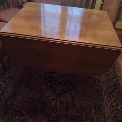 Vintage MCM Solid Wood Metal Tab Leg Drop Leaf Dining Table with Six Cane Backed Chairs- Possibly Drexel