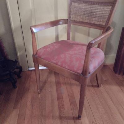 Vintage MCM Solid Wood Metal Tab Leg Drop Leaf Dining Table with Six Cane Backed Chairs- Possibly Drexel