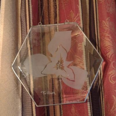 Etched Beveled Glass Trillium Design Window Art- Signed by Artist