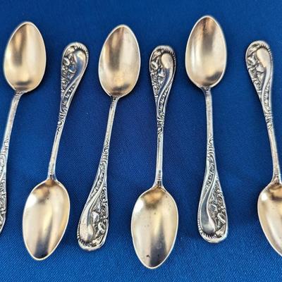 6 (six) Art Nouveau floral motif Wood & Hughes Sterling silver demitasse spoons, gold wash bowls