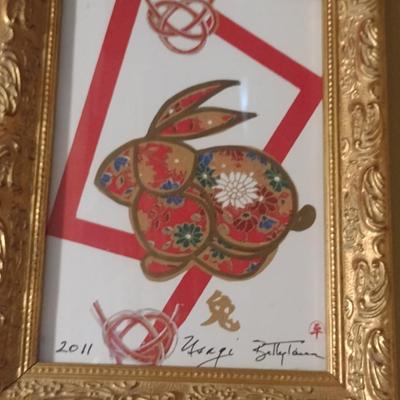 Pair of Chinese Zodiac Framed Wall Decor- Rabbit and Rooster Designs- Signed by Artist