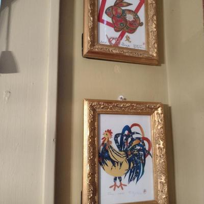 Pair of Chinese Zodiac Framed Wall Decor- Rabbit and Rooster Designs- Signed by Artist