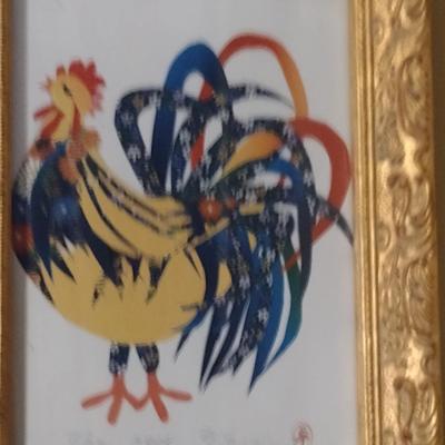 Pair of Chinese Zodiac Framed Wall Decor- Rabbit and Rooster Designs- Signed by Artist