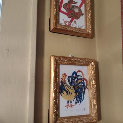 Pair of Chinese Zodiac Framed Wall Decor- Rabbit and Rooster Designs- Signed by Artist