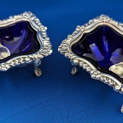 Set of 2 Barker Brothers open salt cellars with cobalt blue liners and spoons Made in England