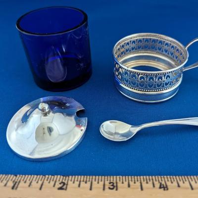 Antique Sterling silver and cobalt blue glass mustard pot with lid and spoon by Webster
