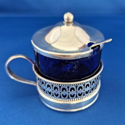 Antique Sterling silver and cobalt blue glass mustard pot with lid and spoon by Webster