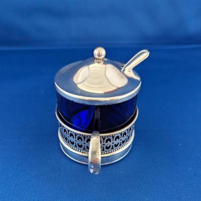 Antique Sterling silver and cobalt blue glass mustard pot with lid and spoon by Webster