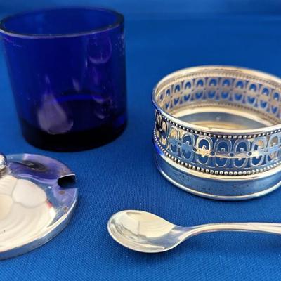 Antique Sterling silver and cobalt blue glass mustard pot with lid and spoon by Webster