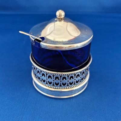 Antique Sterling silver and cobalt blue glass mustard pot with lid and spoon by Webster