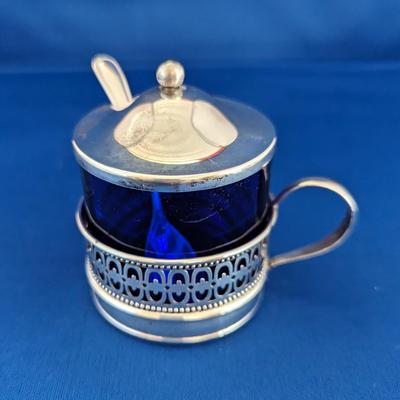 Antique Sterling silver and cobalt blue glass mustard pot with lid and spoon by Webster