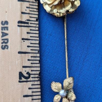 Vintage Miriam Haskel Stick / Lapel pin Gold Tone with 'pearls' with tassle at base. Costume Jewelry