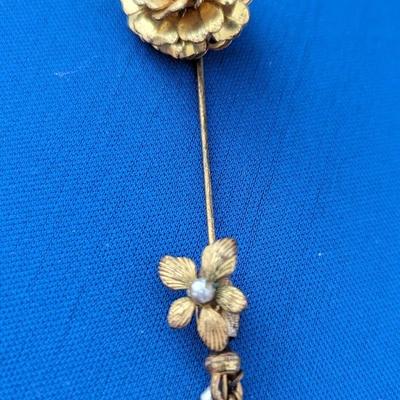 Vintage Miriam Haskel Stick / Lapel pin Gold Tone with 'pearls' with tassle at base. Costume Jewelry